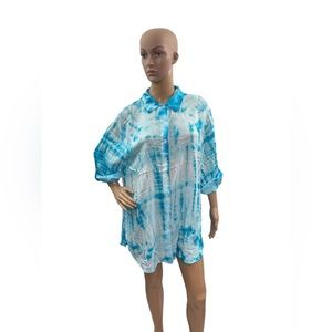 OSO Casual Long Roll Tab Sleeve  Blue Tie Dye  Button Up Shirt.